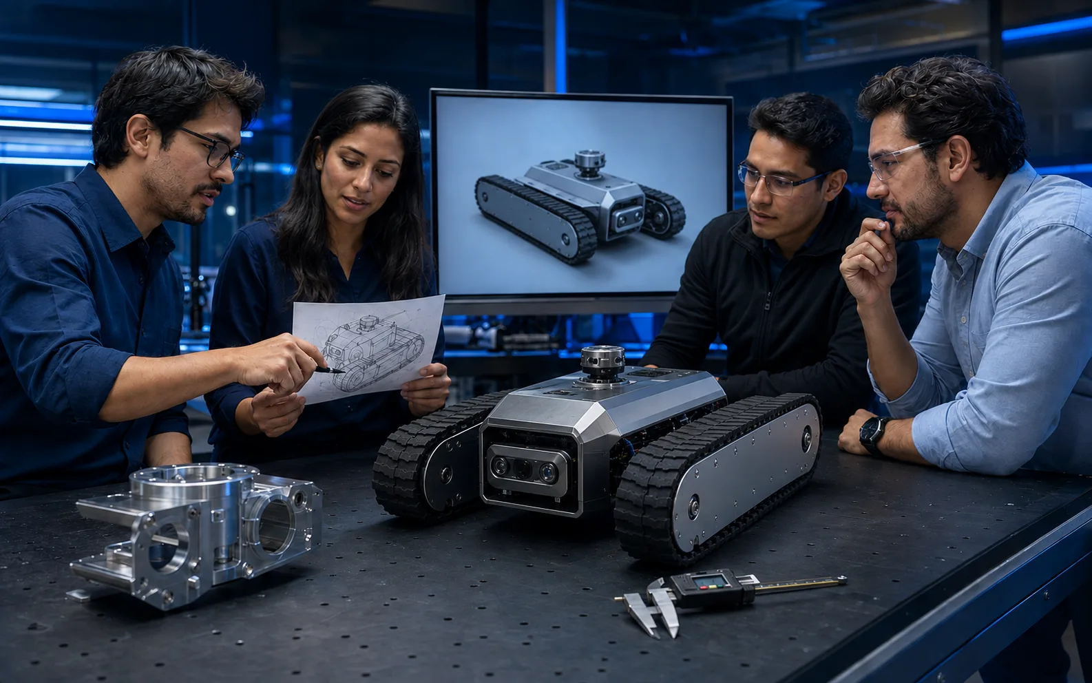 Equipo de ingeniería desarrollando un robot de dos orugas con CAD y prototipado de precisión