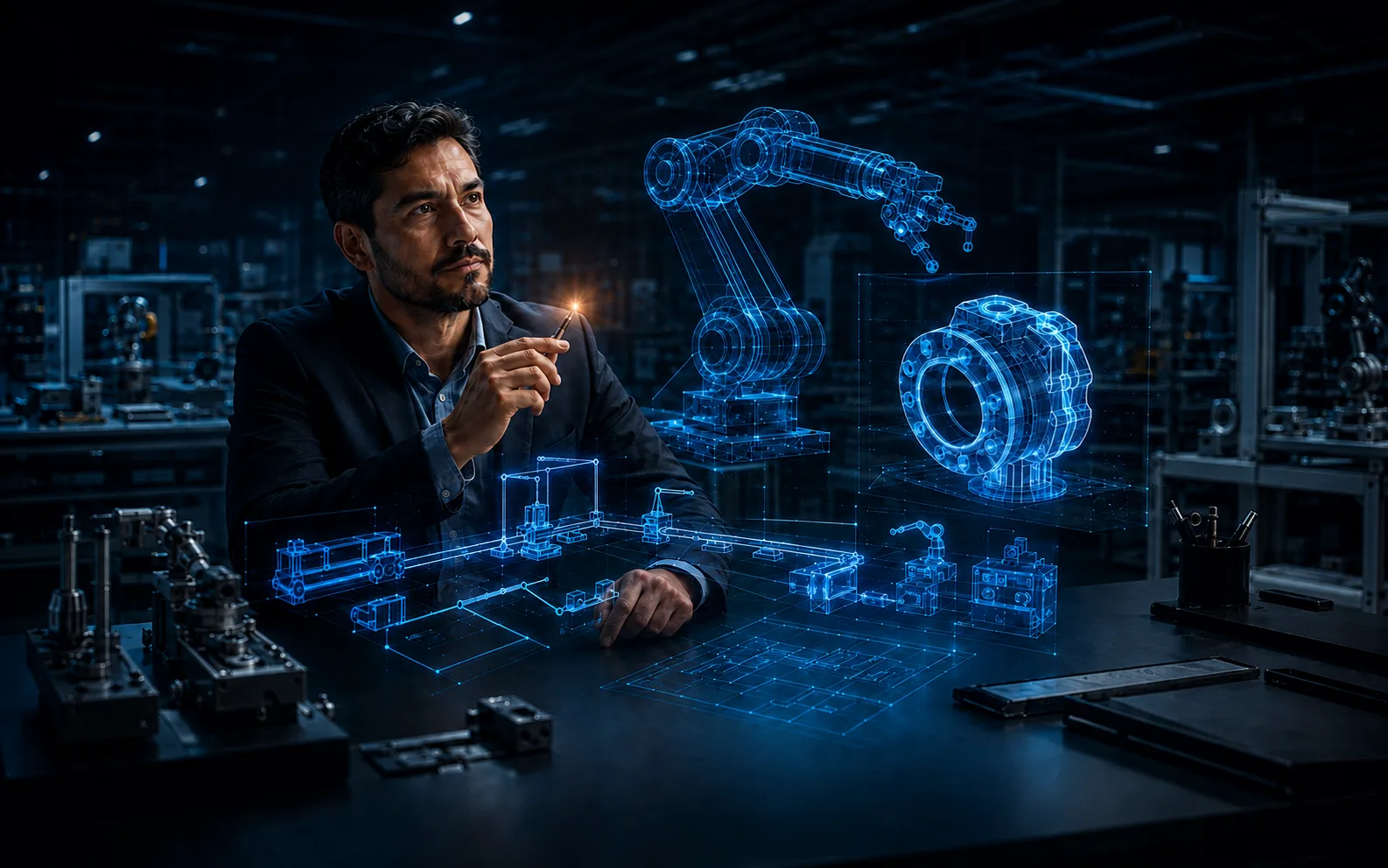 Innovador industrial visualizando una idea de robótica y automatización